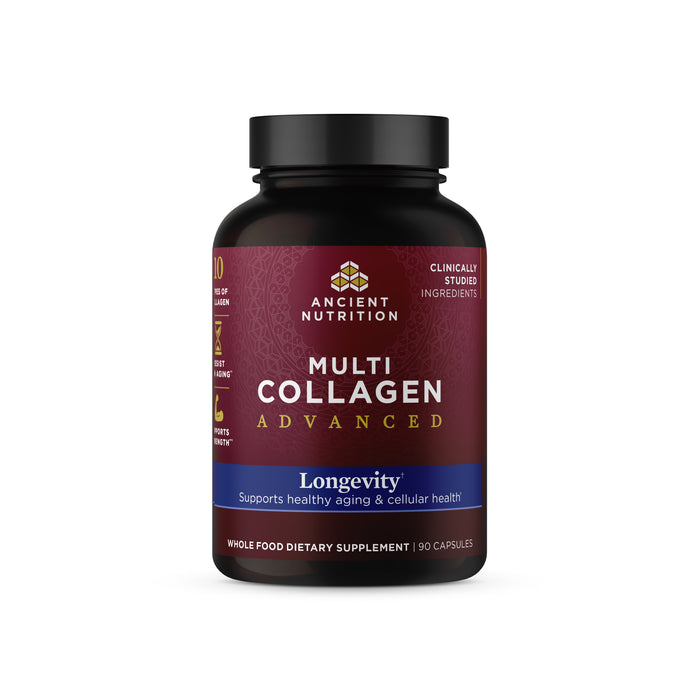 A sleek black bottle of Ancient Nutritions Multi Collagen Advanced - Longevity is displayed, holding 90 capsules aimed at enhancing radiant skin and supporting healthy aging and cellular health.