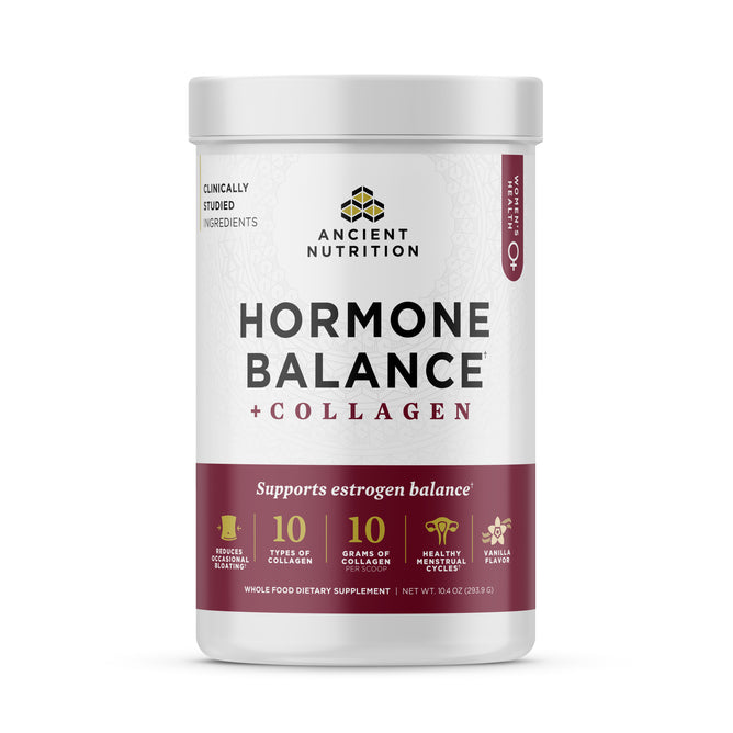 A white bottle of Ancient Nutrition Hormone Balance + Collagen Capsules, formulated to support estrogen balance and female sexual health, with a blend of collagen types and healthy phytonutrients.