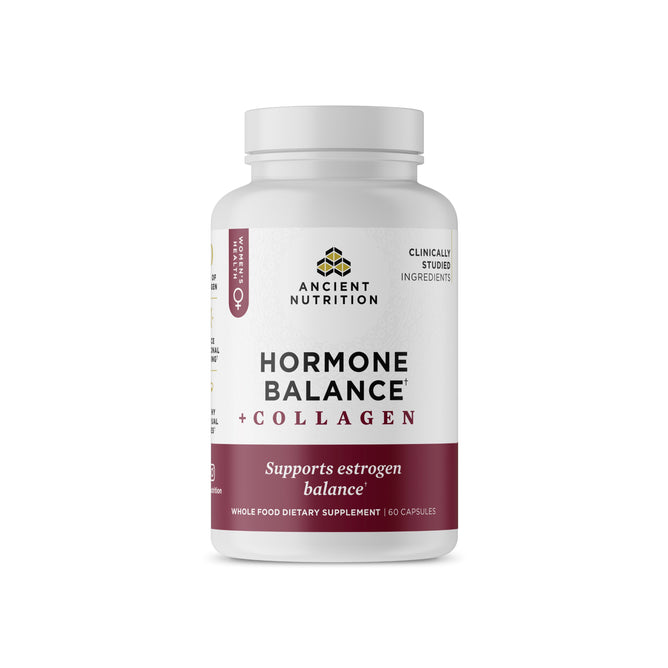 A white and maroon bottle of Ancient Nutrition Hormone Balance + Collagen Capsules for female hormone and estrogen balance, supporting sexual health, contains 60 capsules. The label features black text.