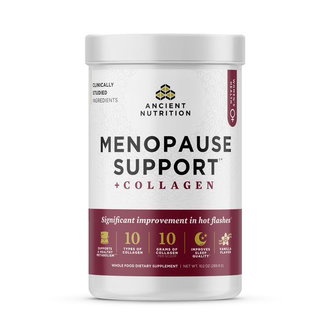 Ancient Nutrition Menopause Support + Collagen Vanilla Powder is a menopause supplement that supports metabolism, offers 10 types and 10g of collagen, and promotes better sleep quality.