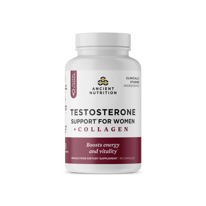 A white bottle labeled Ancient Nutrition Testosterone Support for Women + Collagen Capsules highlights energy and vitality benefits. This whole food dietary supplement supports hormone balance and contains 90 capsules.