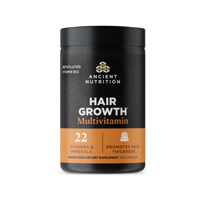 A black bottle of Ancient Nutrition Ancient Multi Hair Growth Capsules – 60ct features “22 vitamins & minerals” and “promotes hair thickness” on the label, with a peptide-powered formula for thicker, shinier hair.