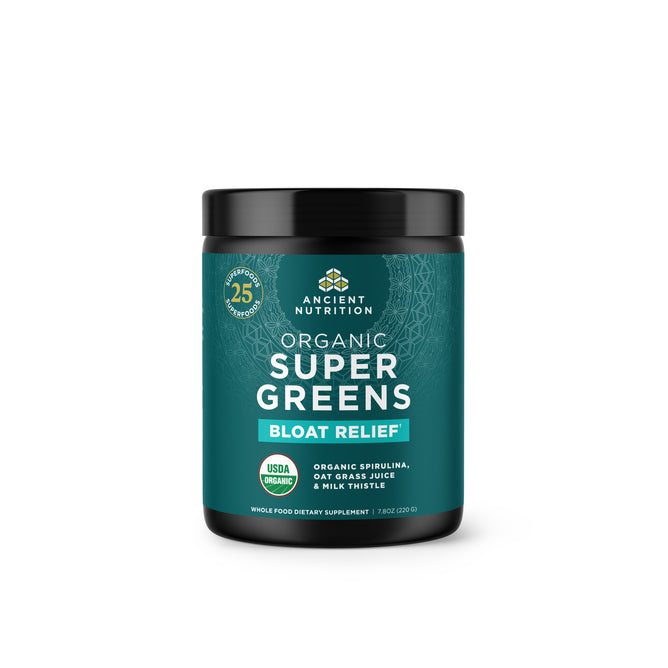 A container of Ancient Nutrition Organic Super Greens Powder - Bloat Relief, with a dark green label, product info, USDA Organic seal, and logo on the front to support gut health.