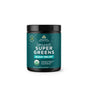 A container of Ancient Nutrition Organic Super Greens Powder - Bloat Relief, with a dark green label, product info, USDA Organic seal, and logo on the front to support gut health.