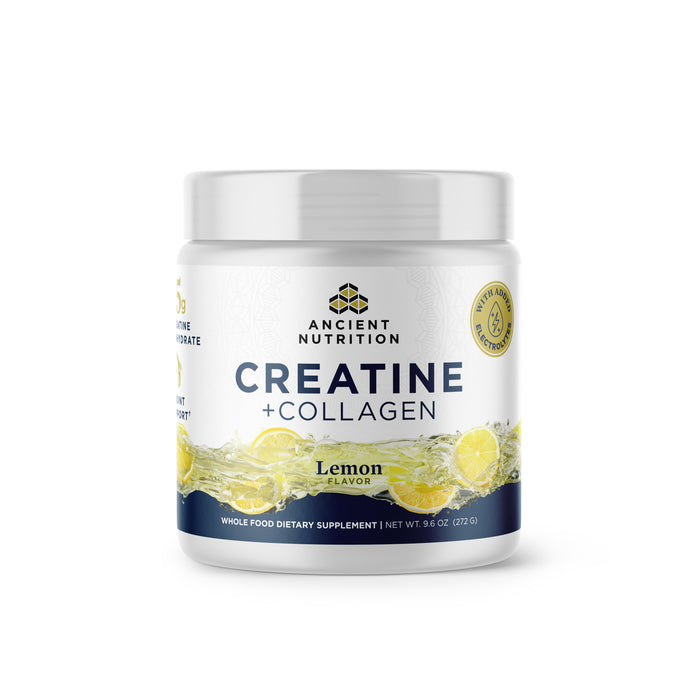 A white container of Ancient Nutrition Creatine + Collagen Powder Lemon Flavor features yellow lemon slices and water splashes on the label. Contains 372g (13.2 oz) of creatine monohydrate and collagen for daily wellness.