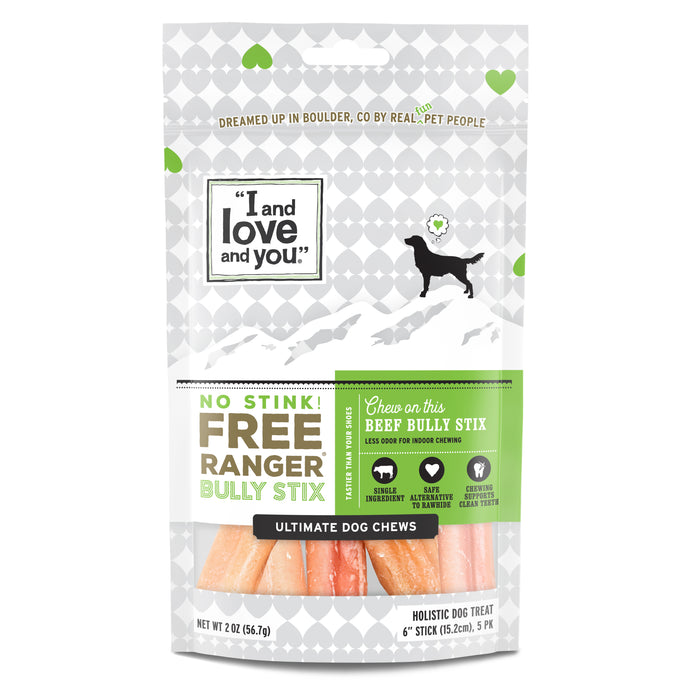 The packaging for No Stink! Free Ranger Bully Stix Dog Chews, 6-in by I and Love and You features decorative hearts, a dog silhouette, and the brand name. These eco-friendly pet treats offer 2 oz of beef bully sticks for ultimate chewing enjoyment.