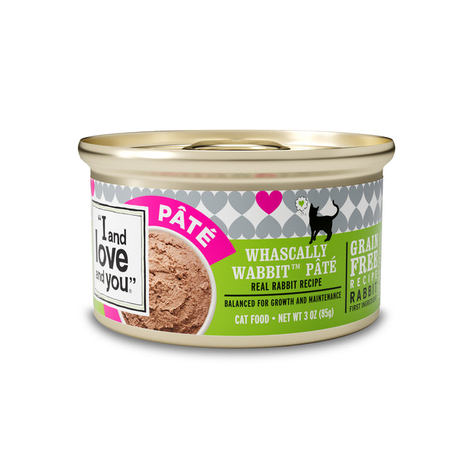 A 3 oz can of I and Love and Yous Whascally Wabbit Pâté Grain-Free Canned Cat Food, featuring hearts and a cat silhouette, offers a rabbit pâté rich in Omega 3 fatty acids for growth and maintenance.