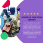 Person feeding three cats with paste from a tube, featuring a five-star testimonial about improved digestion. Decorative hearts and colorful shapes highlight I and Love and Yous Oh My Cod! Pate Grain-Free Canned Cat Food, offering gourmet quality beyond your average wet cat food.