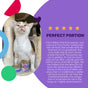 A white and orange cat sits beside Purrky Turkey Pate Grain-Free Canned Cat Food by I and Love and You. On the right, stars and text praise its perfect portion, with a vibrant background of purple, pink, blue, and red shapes.