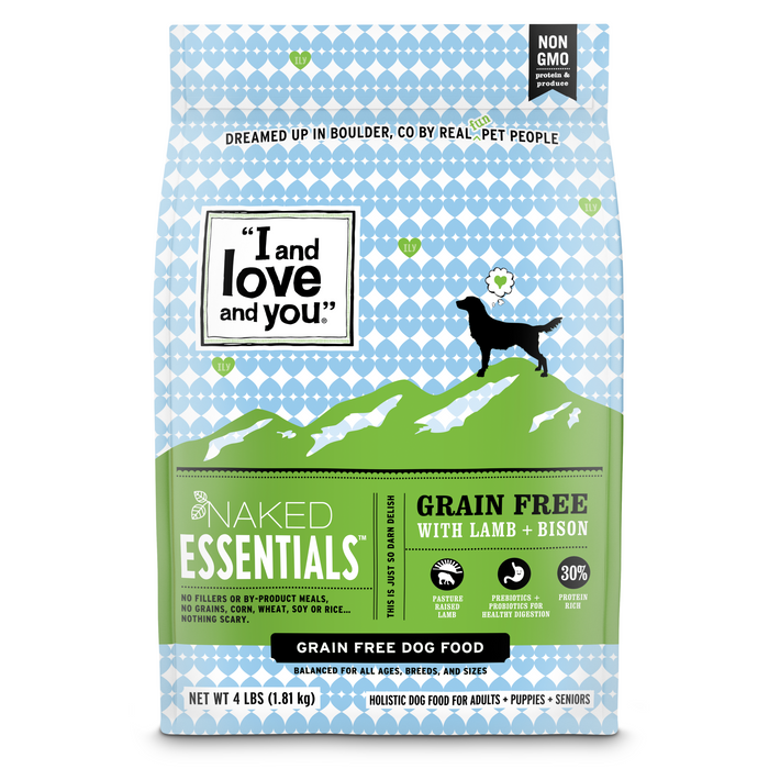 The image shows I and Love and Yous Naked Essentials Grain-Free Lamb and Bison Recipe Dry Dog Food with a design featuring a dog silhouette, mountains, and a blue checkered pattern. Its ideal for dogs of all ages, offering pasture-raised lamb and bison flavor without grains or fillers.