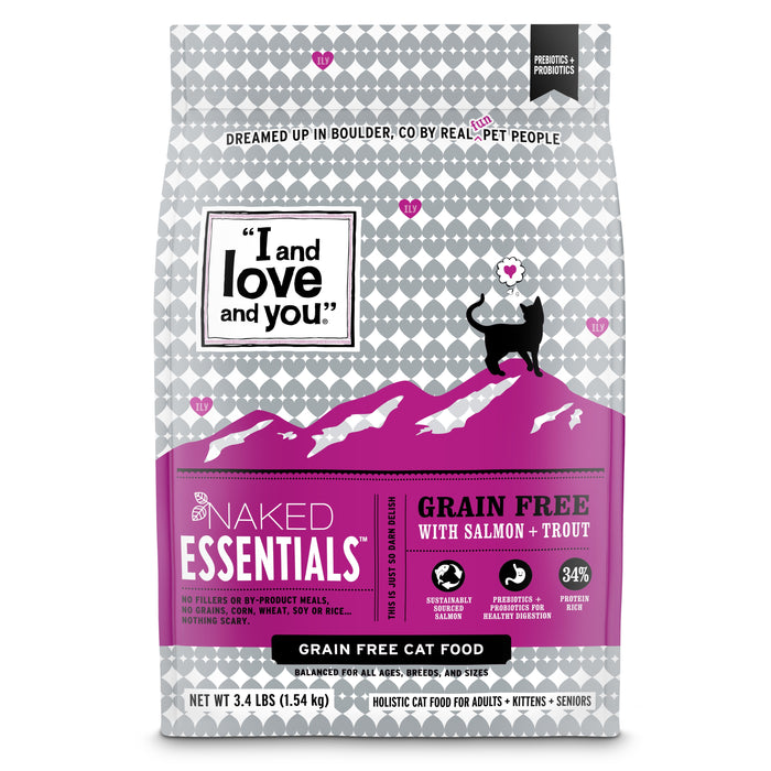 A 3.4 lb (1.54 kg) bag of I and Love and Yous Naked Essentials Salmon & Trout Recipe Grain-Free Dry Cat Food, enriched with Omega fatty acids, features a cat silhouette over a mountain range in pink and white.