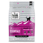 A 3.4 lb (1.54 kg) bag of I and Love and Yous Naked Essentials Salmon & Trout Recipe Grain-Free Dry Cat Food, enriched with Omega fatty acids, features a cat silhouette over a mountain range in pink and white.