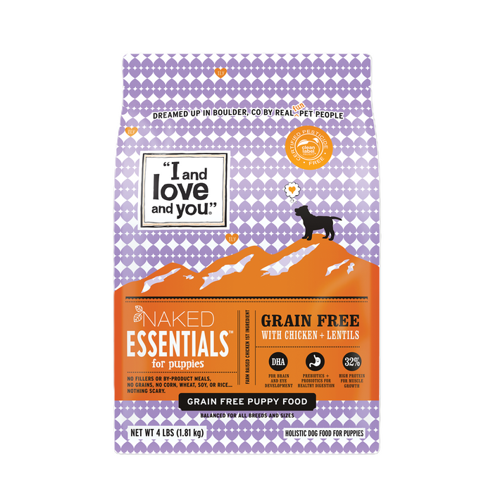 The I and Love and You Naked Essentials Puppy Recipe Grain-Free Dry Puppy Food comes in a vibrant purple package with white patterns. Made with USA farm-raised chicken and lentils, this 4 lbs (1.8 kg) bag provides grain-free nutrition for your puppy.