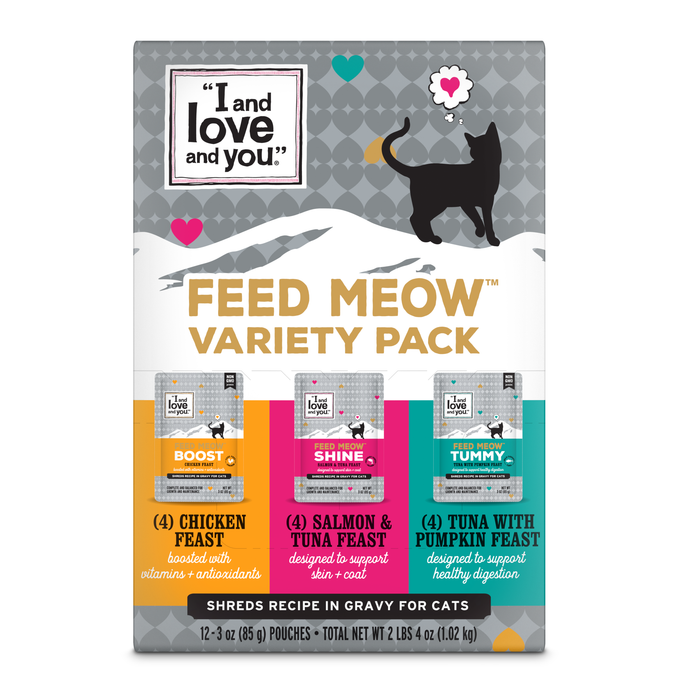 The I and Love and You Feed Meow Variety Pack offers grain-free, meaty flavors like Chicken Feast, Salmon & Tuna Feast, Tuna with Pumpkin Feast, and Salmon & Trout Feast. These wet cat food pouches feature a cat silhouette and product details.