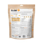 The back of the Stir and Boom Raw Raw Chick Boom Ba Dinner Grain-Free Dehydrated Dog Food bag from I and Love and You features feeding instructions, nutritional info, dietary benefits, icons highlighting its grain-free formula, freeze-dried raw advantages, and a section titled Helpful Tips.