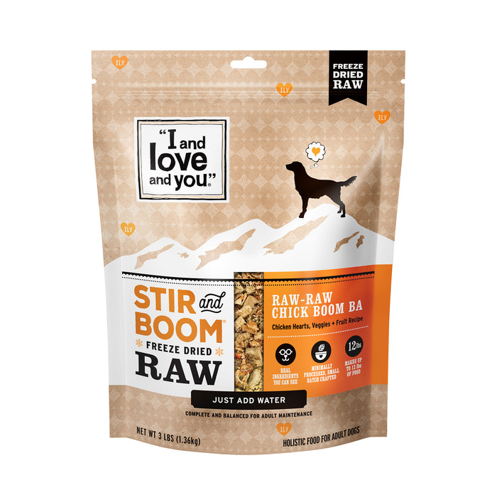 A brown and beige bag of I and Love and Yous Stir and Boom Raw Raw Chick Boom Ba Grain-Free Dehydrated Dog Food features a mountain design with a dog silhouette. This chicken flavor blend includes herbs, veggies, and fruit—ideal for your pups diet.