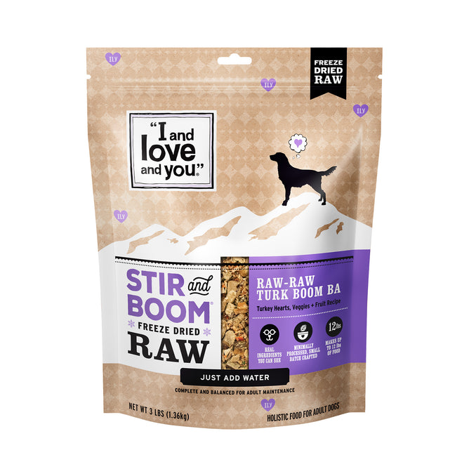 A 3 lb package of Stir and Boom Raw Raw Turk Boom Ba Dinner Grain-Free Dehydrated Dog Food by I and Love and You features a mountain design with a dog silhouette. It includes turkey, carrots, veggies, and fruit.