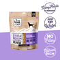 A bag of I and Love and You Stir and Boom Raw Raw Turk Boom Ba Dinner Grain-Free Dehydrated Dog Food is shown. The purple and white packaging features a dog, mountain graphic, and highlights Turkey Hearts #1 Ingredient, Just Add Water, No Fillers, Nutrient Rich.