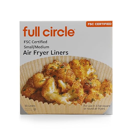 Full Circle FSC Certified Air Fryer Liners—box of 50 disposable paper liners—features food in a liner on the packaging and lists them as essential accessories for 3–5 qt square or round air fryers.