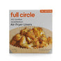 Full Circle FSC Certified Air Fryer Liners—box of 50 disposable paper liners—features food in a liner on the packaging and lists them as essential accessories for 3–5 qt square or round air fryers.