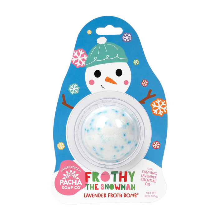 A festive bath bomb card from Pacha Soap Co. featuring a snowman in a green hat. "Frothy The Snowman" contains calming lavender for a relaxing soak. The white bath bomb with blue specks adds soothing fun to your bath.