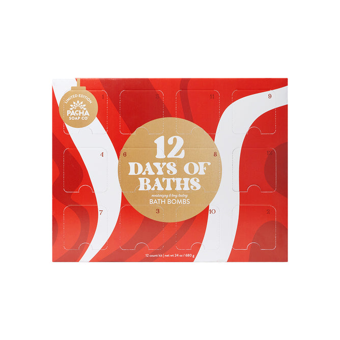 The Bath Bomb Set, 12 Days Of Bath Bombs by Pacha Soap Co. comes in a festive, holiday-themed red and white box with numbered doors, each revealing a moisturizing bath bomb.