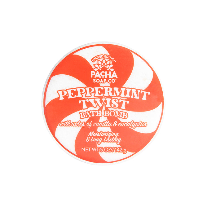 A round bath bomb package with a red and white peppermint swirl. The label reads, Pacha Soap Co. Bath Bomb, Peppermint Twist Candy—moisturizing, long lasting, with notes of vanilla & eucalyptus, 5 oz.