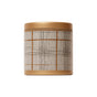 The Pacha Soap Co. Campfire Cedarwood Tin Candle features a gold-lidded cylindrical tin with a textured beige label in gray and orange plaid, containing a clean-burning wax candle with a scent that evokes cozy campfire nights.