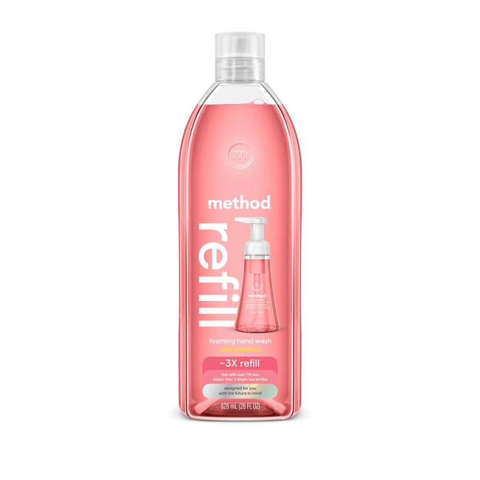 A clear Method Foaming Hand Soap Refill bottle with white cap, labeled 3X refill, made using recycled plastic and showing a foaming soap dispenser.