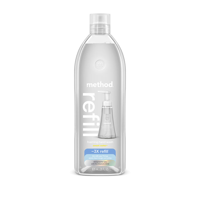 A 28 fl oz clear bottle of method Foaming Hand Soap Refill in Sweet Water scent, made with recycled plastic. Each provides about three refills and features a light blue and white label. Also available in Pink Grapefruit scent.