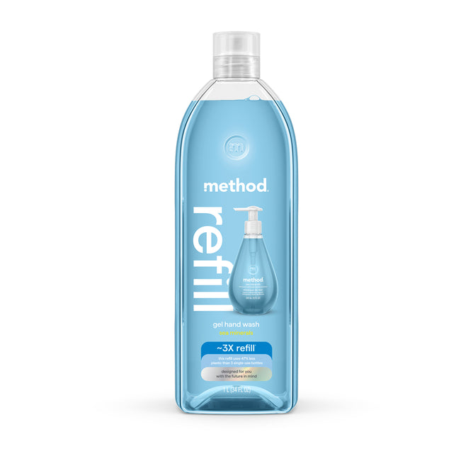 A clear plastic bottle of method Gel Hand Soap Refill in blue sea minerals scent, labeled method refill with a pump bottle image and 3X refill at the bottom, made from recycled plastic.