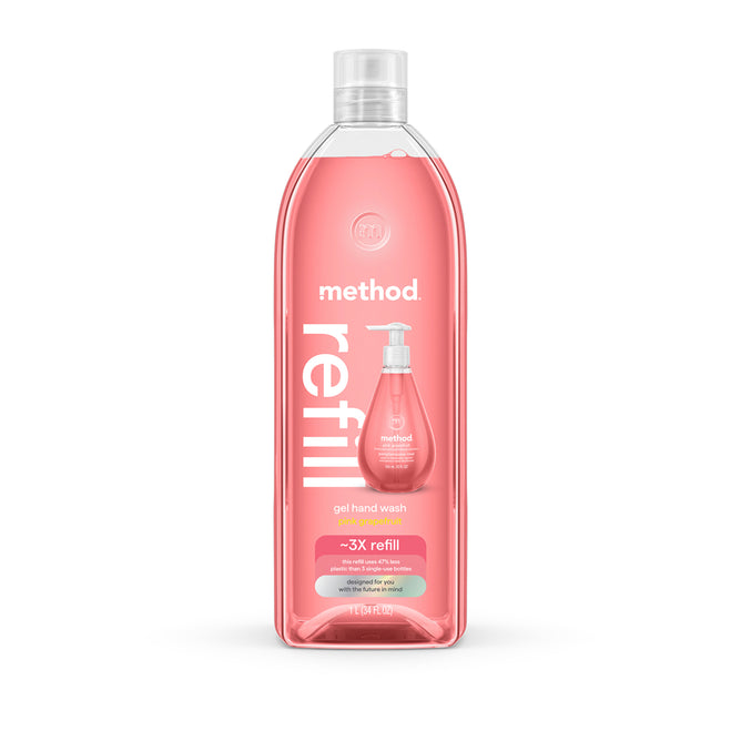 A 34 fl oz (1 L) clear, recycled plastic bottle of method Gel Hand Soap Refill in pink, labeled method refill and gel hand wash, with 3x refill on the front.