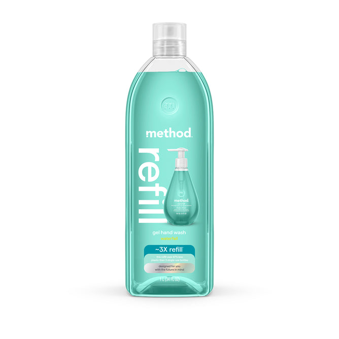 A clear plastic bottle of method Gel Hand Soap Refill with turquoise liquid. The label reads “method sea minerals refill gel hand wash ~3X refill,” highlights recycled plastic, and shows a Method hand soap pump image.