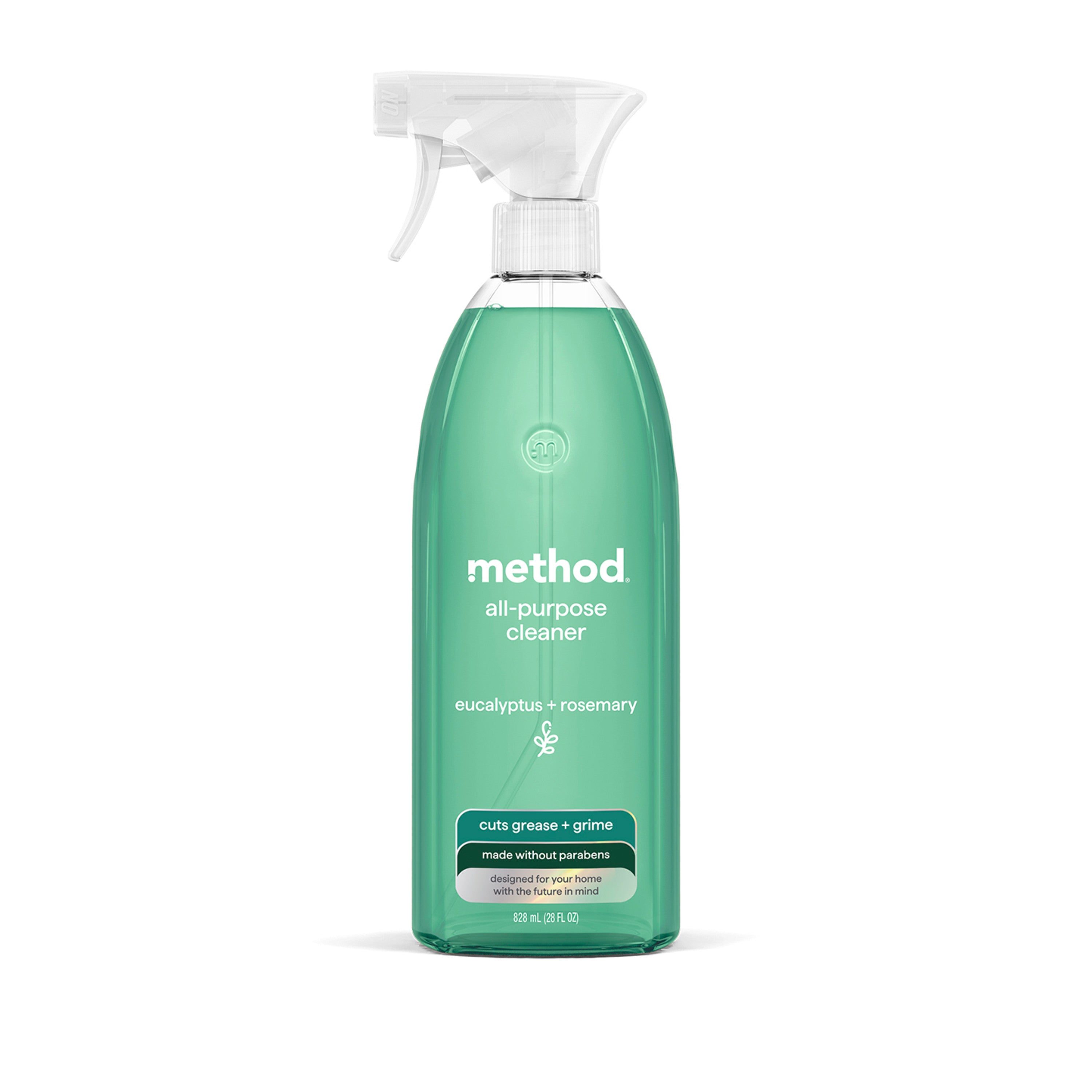 A clear spray bottle of method All Purpose Cleaner with green liquid and a white trigger nozzle features eucalyptus & rosemary scent. The label highlights natural cleaning power, grease-cutting ability, and a streak-free finish.