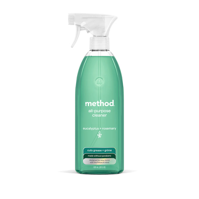 A clear spray bottle of method All Purpose Cleaner with green liquid and a white trigger nozzle features eucalyptus & rosemary scent. The label highlights natural cleaning power, grease-cutting ability, and a streak-free finish.