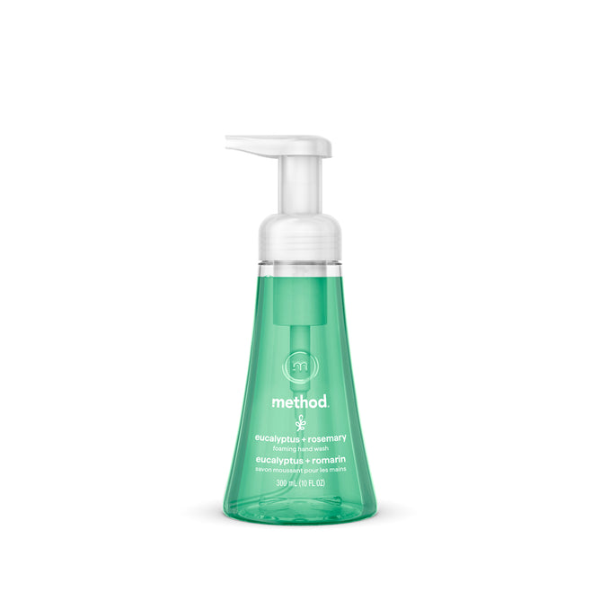A clear green bottle of method Foaming Hand Soap with aloe vera and a white pump, labeled eucalyptus + rosemary scent, shown on a plain white background.
