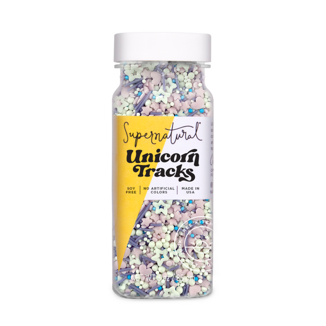 Supernatural Unicorn Tracks Sprinkle comes in a clear bottle filled with pastel star, heart, and rod-shaped gluten-free sprinkles. Theyre soy free, vegan, made without artificial colors, and crafted in the USA.