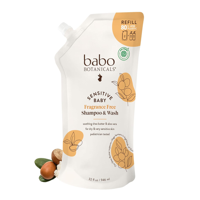 A 32 oz refill pouch of Babo Botanicals Sensitive Baby Baby Shampoo & Wash, featuring images of shea butter and aloe vera, with text highlighting its gentle, plant-based cleanser formula—making it the ideal fragrance-free baby wash for sensitive skin.
