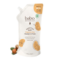 A 32 oz refill pouch of Babo Botanicals Sensitive Baby Baby Shampoo & Wash, featuring images of shea butter and aloe vera, with text highlighting its gentle, plant-based cleanser formula—making it the ideal fragrance-free baby wash for sensitive skin.