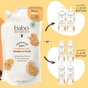 A 32 oz refill pouch of Babo Botanicals Sensitive Baby Baby Shampoo & Wash, a fragrance-free baby wash made with plant-based cleanser ingredients, is shown. A diagram indicates that one pouch can refill either two 16 oz bottles or four 8 oz bottles.
