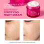 Open jar of 1000 Roses Fortifying Night Cream next to a before-and-after comparison of a person’s cheek skin, with text stating 2-week results and unretouched results from a real consumer.