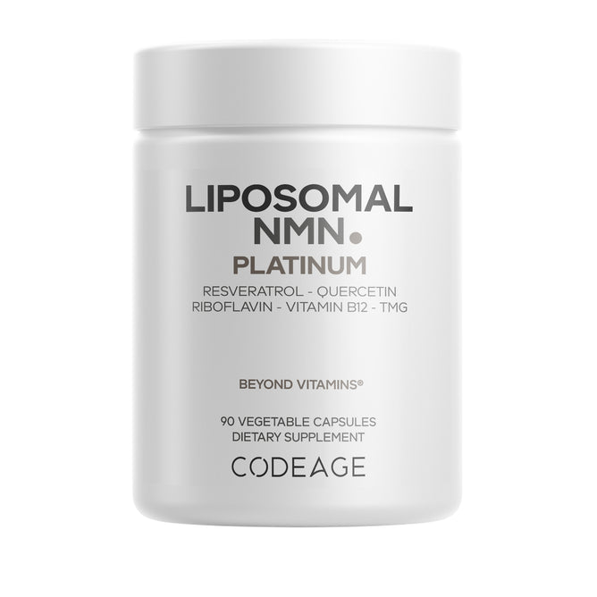 Codeage Liposomal NMN Platinum is a white bottle dietary supplement with 90 vegetable capsules, featuring NAD activators like resveratrol, quercetin, riboflavin, vitamin B12, and TMG in an advanced liposomal formula.