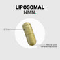A gold-colored capsule labeled Codeage Liposomal NMN Platinum is shown with 0.79-inch length indicated, a note on natural color variation, and emphasis on advanced liposomal delivery for optimal NAD activator support.