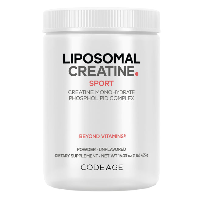 A white container labeled Liposomal Creatine Monohydrate Large by Codeage shows Micronized Creatine Monohydrate Phospholipid Complex, Beyond Vitamins, Powder · Unflavored—a supplement designed for training.