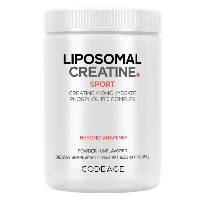 A white container labeled Liposomal Creatine Monohydrate Large by Codeage shows Micronized Creatine Monohydrate Phospholipid Complex, Beyond Vitamins, Powder · Unflavored—a supplement designed for training.