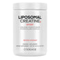 A white container labeled Liposomal Creatine Monohydrate Large by Codeage shows Micronized Creatine Monohydrate Phospholipid Complex, Beyond Vitamins, Powder · Unflavored—a supplement designed for training.