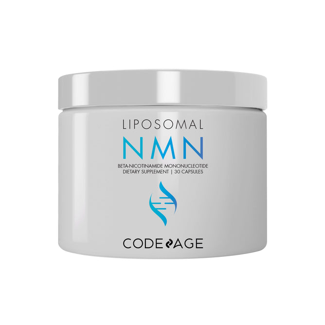 A white container labeled Liposomal NMN 30 ct by Codeage displays blue and black text, highlighting an advanced liposomal NMN supplement designed to support NAD levels.