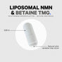 A white capsule labeled Codeage Liposomal NMN 30 ct, an NAD precursor with liposomal delivery, is centered on a light background. Text notes a length of 0.83 in and states that natural color variation may occur.