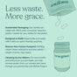 An illustrated graphic about True Grace's One Daily Women's Multivitamin shows a bottle and refill, highlighting reduced waste and carbon footprint. Each purchase aids ocean cleanup with ReSea Project and organic mushroom blend initiatives.