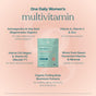 Infographic for True Grace One Daily Women's Multivitamin - Refill Pouch, highlighting immune and heart support, healthy aging, gentle-on-stomach formula, vegan D3 & K2, chelated minerals, organic mushroom blend & fermented vitamins.